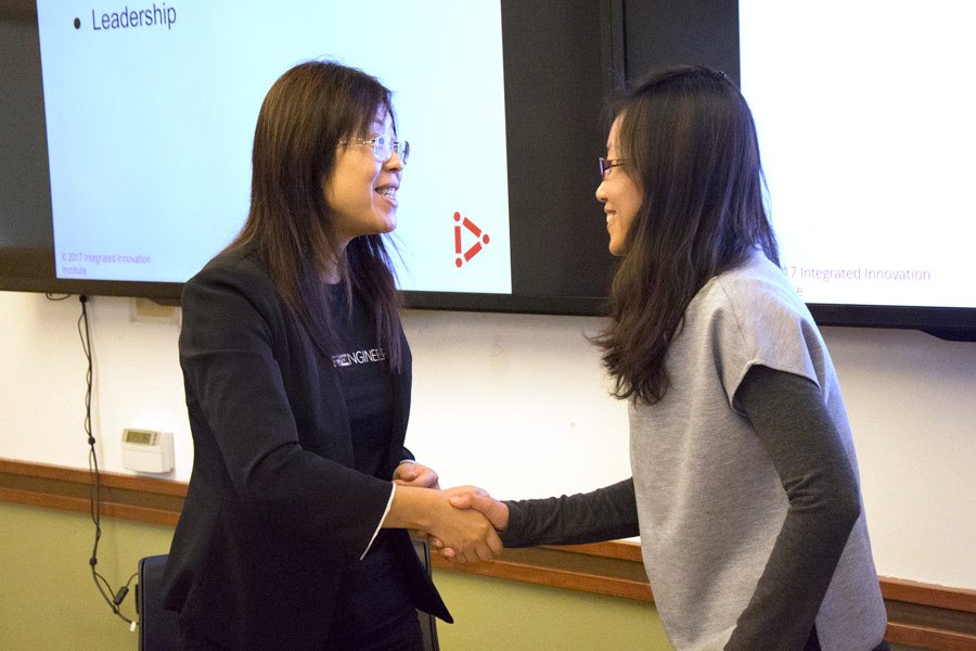 Fang runs interview scenarios with students as part of her presentation to the Product Management Club.